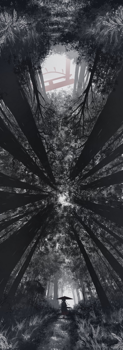 Inubashiri Momiji in a dark forest with a torii gate