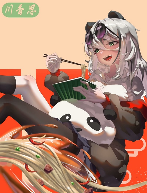 Anime girl with panda ears eating ramen