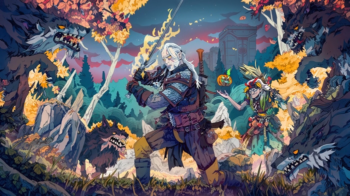 4K The Witcher Artwork: Geralt of Rivia fighting wolves