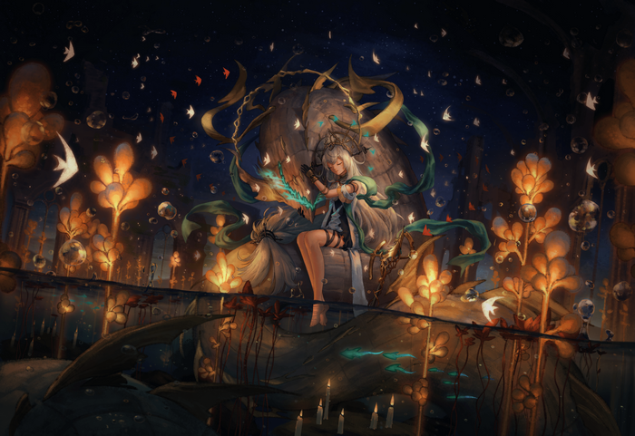 4K Arknights Skadi sitting with glowing plants