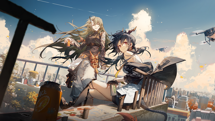 4K Hoshiguma and Chen on a rooftop with drones
