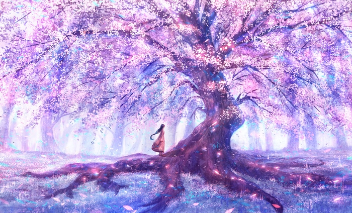 Sakura Tree with Blossoms and Girl
