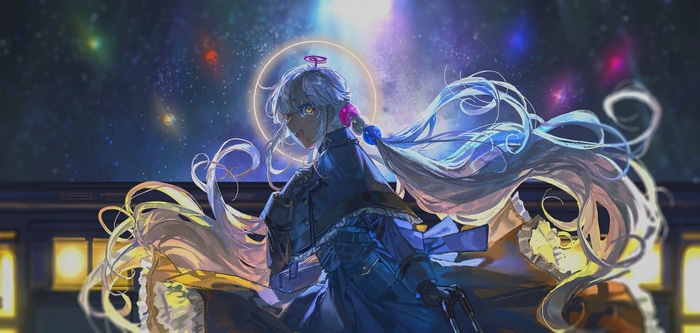 Tsukumo Sana in a uniform against a starry sky