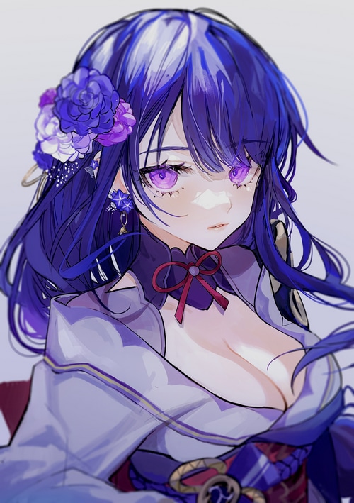 Raiden Shogun with purple hair and eyes, Genshin Impact
