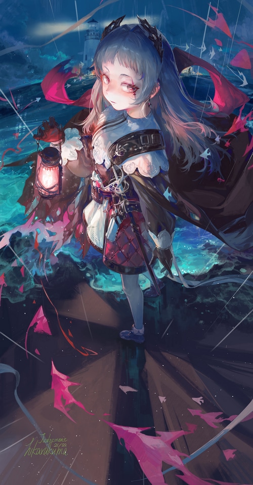Irene holding a lantern in the rain with a lighthouse