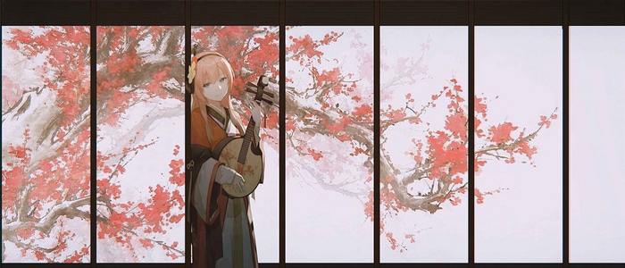 Girl with pink hair playing a musical instrument