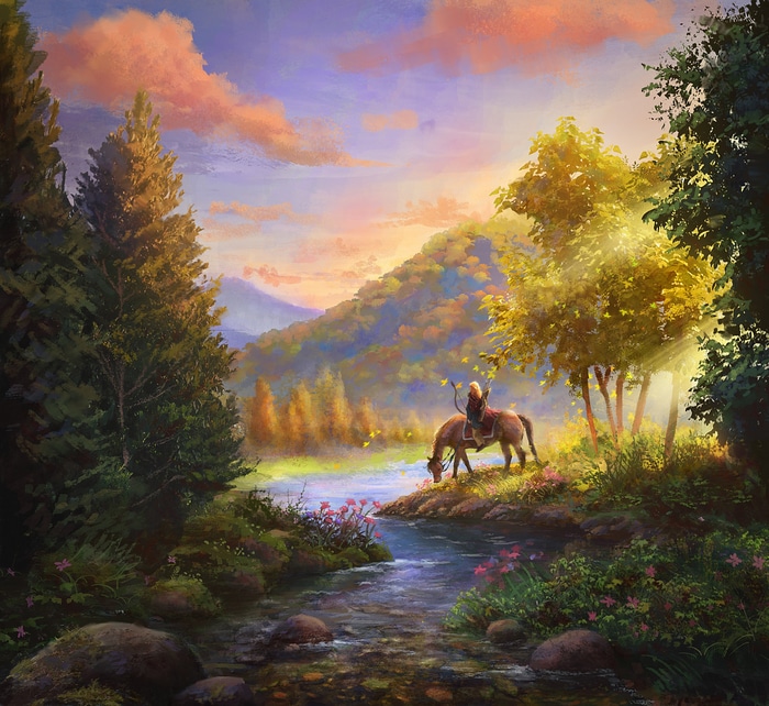 Fantasy art of a person on horseback by a stream at sunset
