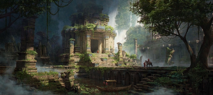 Ancient temple ruins with a boat and horse