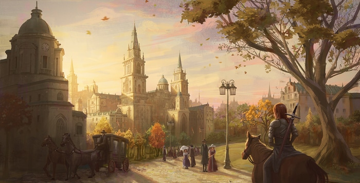 Fantasy art of a city at sunset with a knight on horseback