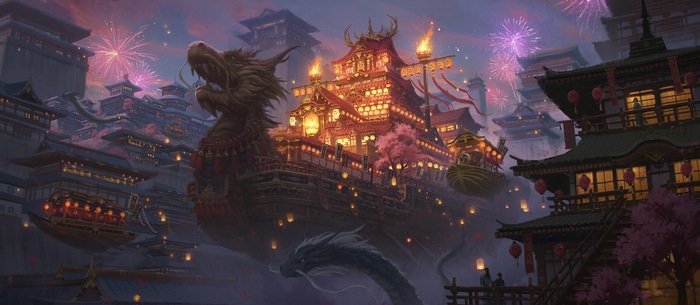 Chinese dragon ship with fireworks and lanterns