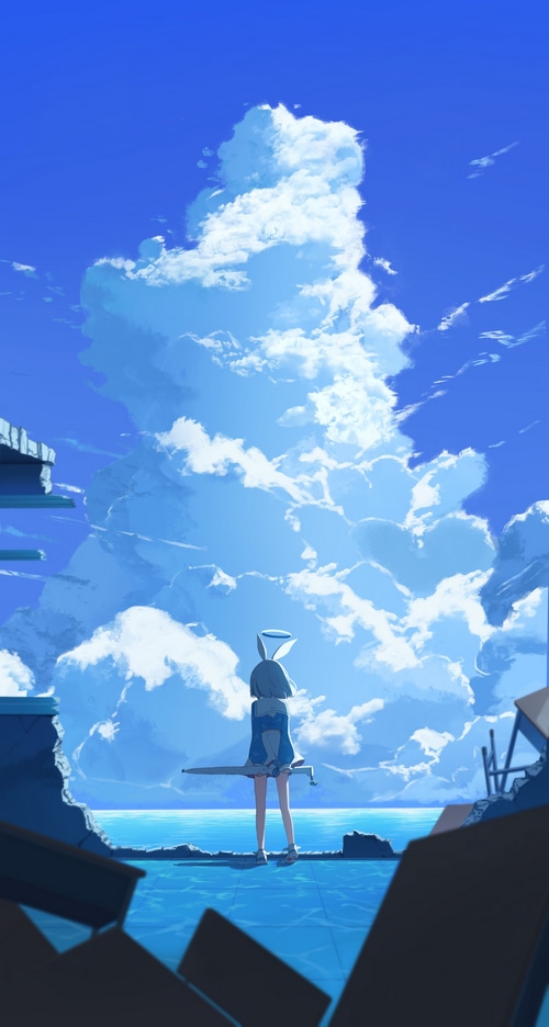 clouds, sailor uniform, Blue Archive, anime games, standing, skirt, fan ...