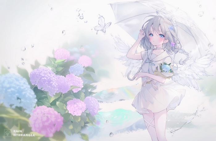 Girl with Umbrella and Hydrangeas in the Rain