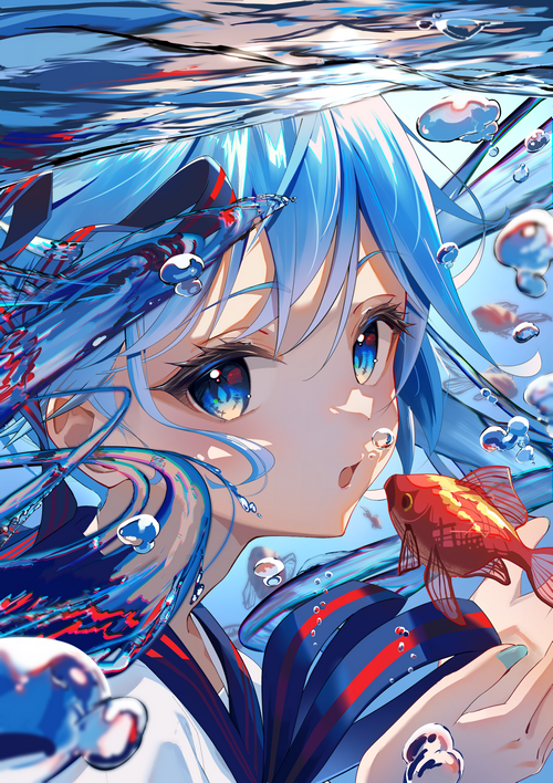 Hatsune Miku underwater with goldfish and bubbles