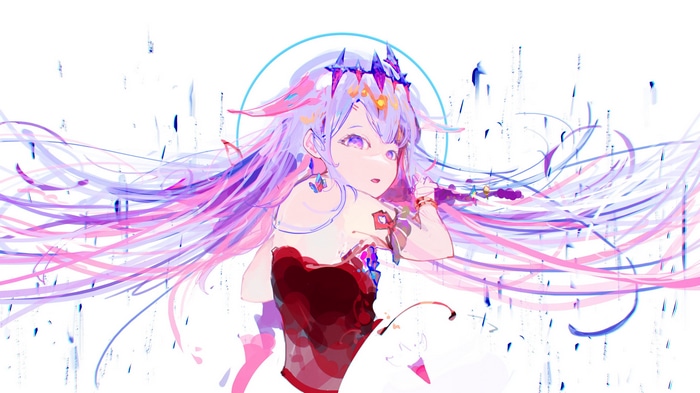 Koseki Bijou with flowing purple and pink hair