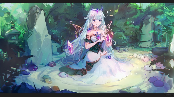 Koseki Bijou in a magical forest with slimes
