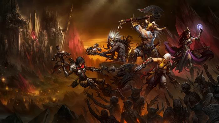 Diablo III characters fighting demons in a hellish landscape