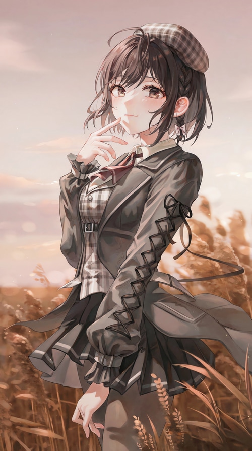 Anime girl in a hat standing in a wheat field
