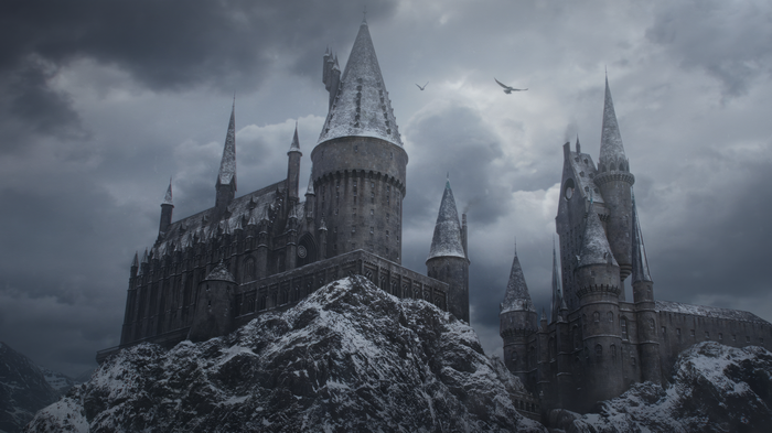 4K Hogwarts castle in winter with birds
