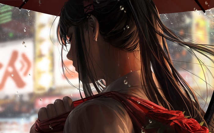 4K anime girl with dark hair under an umbrella in the rain