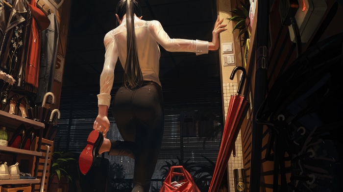 Woman with ponytail holding shoe in an interior