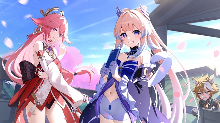 Yae Miko, Sangonomiya Kokomi, and Gorou from Genshin Impact