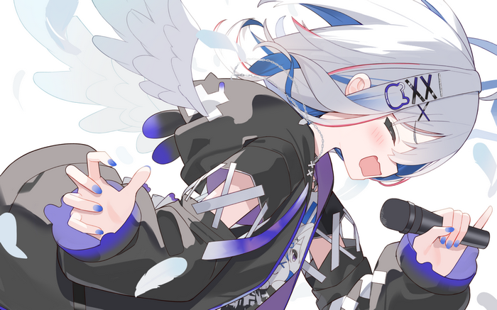 Anime girl with wings singing into a microphone