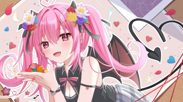 Pink-haired demon girl with flowers and hearts