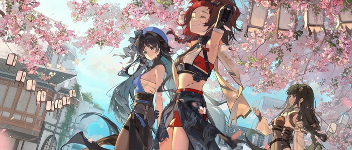 Three anime girls under cherry blossoms