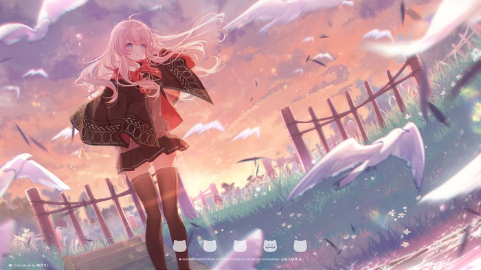 Anime girl with pink hair and birds at sunset