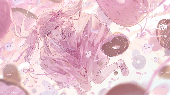 Girl in pink dress surrounded by donuts and sweets