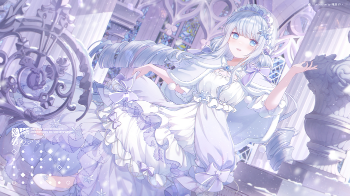 Girl with blue hair in a white dress with snowflakes