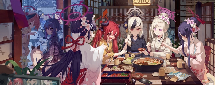 Blue Archive characters having a meal together