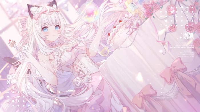 Cat girl in a white dress with cake and champagne