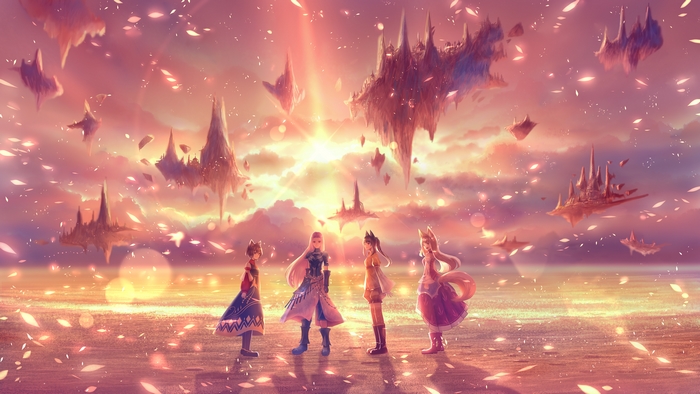 Four characters stand on a beach with floating islands in the sky