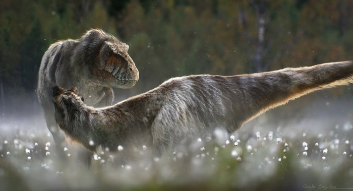 4K Tyrannosaurus Rex and Creature in Field