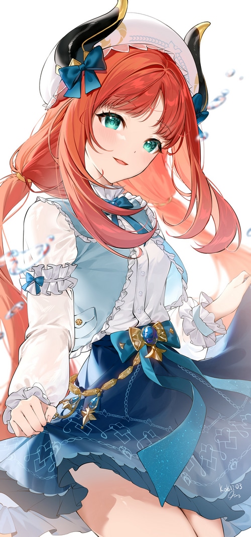 Nilou from Genshin Impact with horns and blue eyes