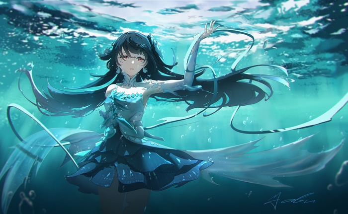4K underwater anime girl in a blue dress