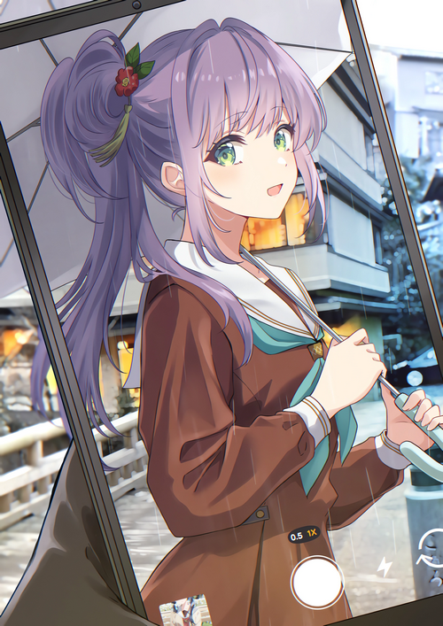 Girl with purple hair holding an umbrella