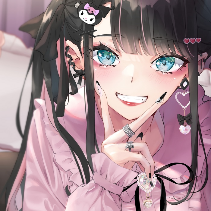Anime girl with blue eyes and black hair wearing pink
