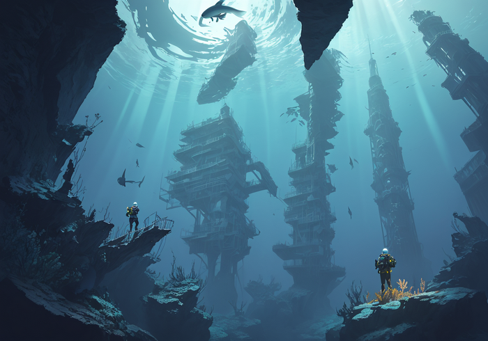 Divers explore underwater ruins with sharks and sunlight