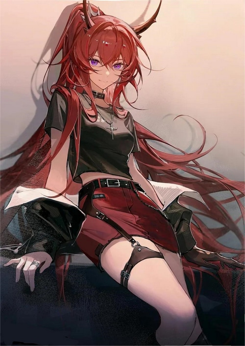 Surtr from Arknights with red hair and horns