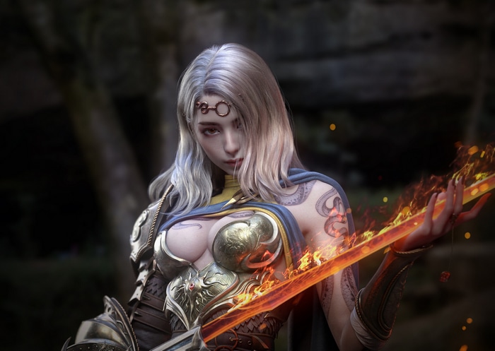 Fantasy warrior woman with silver hair and flaming sword