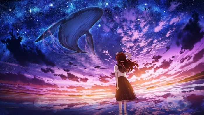 Anime girl watches a whale in a starry sky at sunset