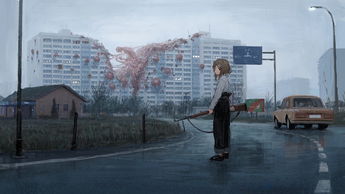 Girl with gun in front of monster-infested building
