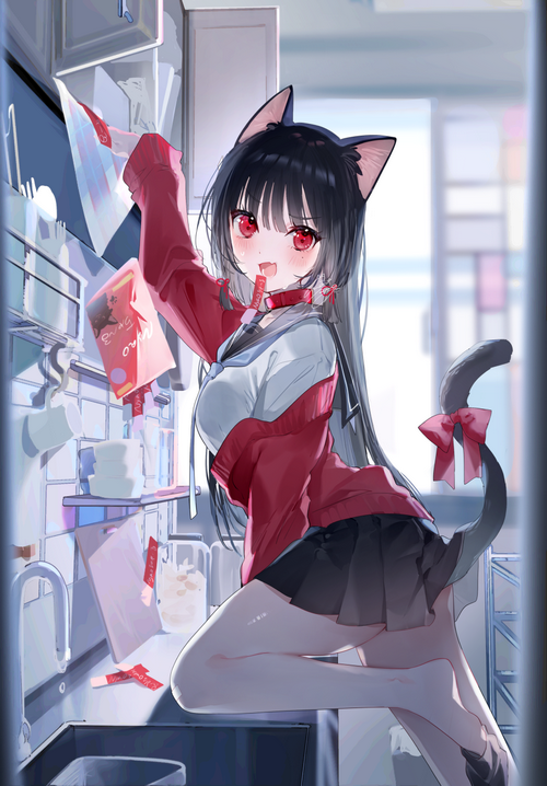 Cat girl in school uniform eating a snack