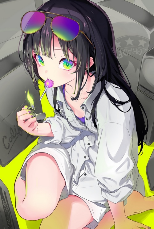 Girl with sunglasses, lollipop, and lighter