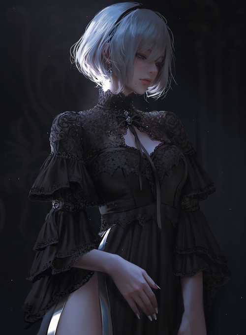 4K fan art of 2B from Nier: Automata in a black dress