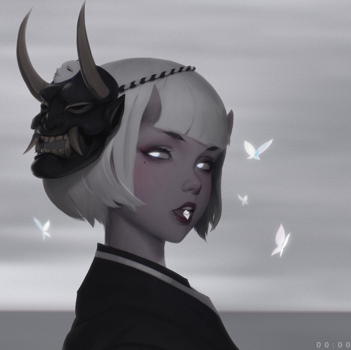 Woman with a demon mask and glowing eyes