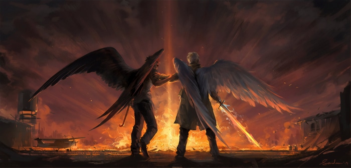 Good Omens: Angel and Demon with Flaming Sword