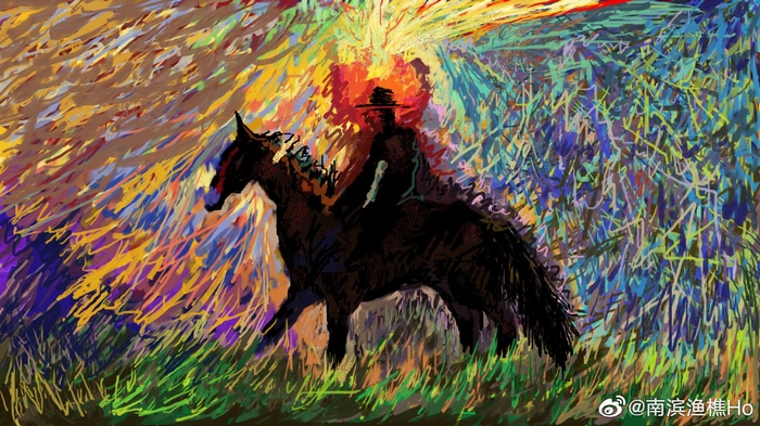 Cowboy on horseback against a colorful, abstract sunset